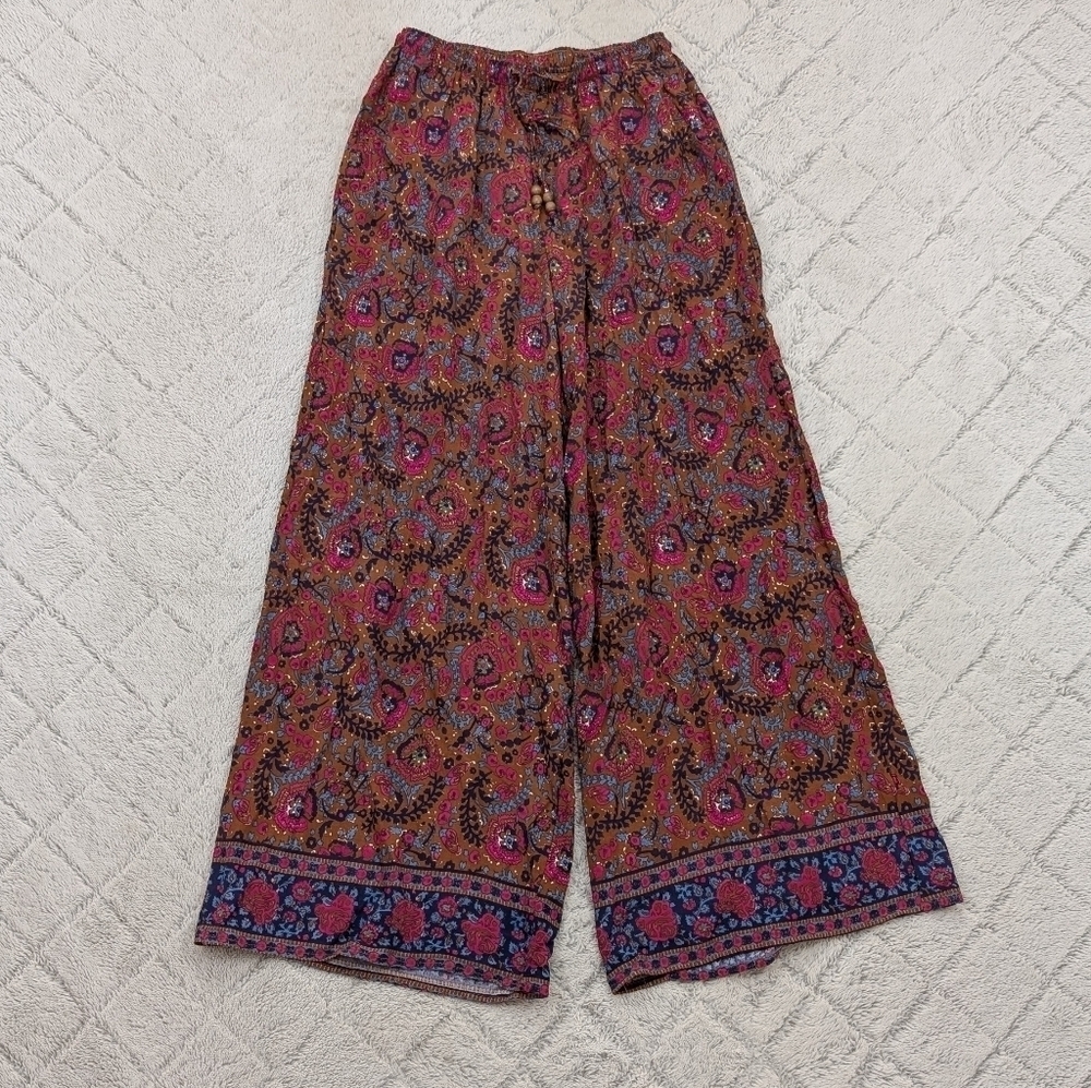 Haute Hippie Pants Womens S Brown Purple Floral Paisley Wide Leg Hippie Boho